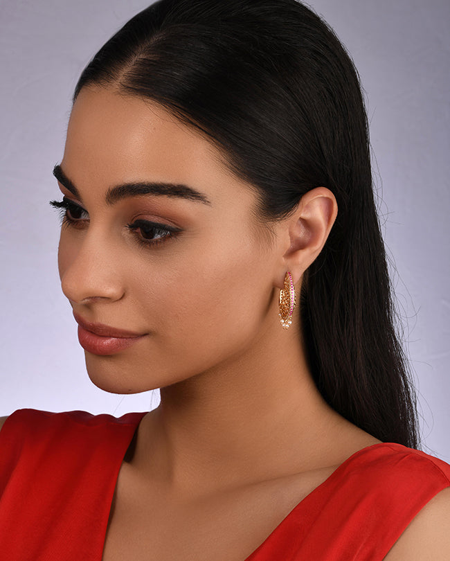 Pearl,Diamond and Pink sapphire hoops